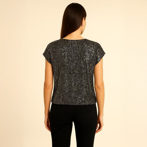 A497 • CeCe Black Sequin V-Neck Party Top - Picture 2 of 2